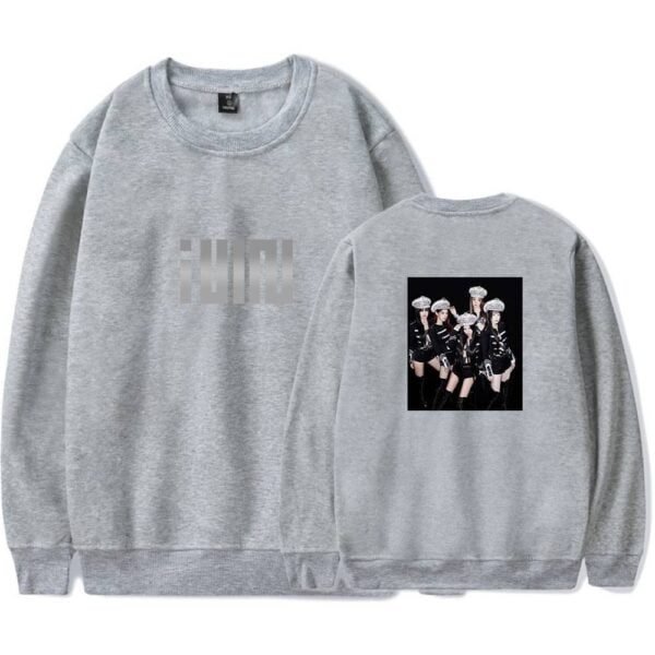 Grey sweatshirt with printed design, affordable high-quality merch, stylish casual wear, perfect for fans of pop culture and K-pop, comfortable material, trendy and budget-friendly.