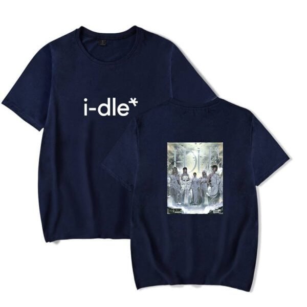 I-dle band t-shirt, affordable high-quality merchandise for fans, featuring a minimalistic front design and a vibrant back print of the K-pop group. Perfect for casual wear and fandom expression.
