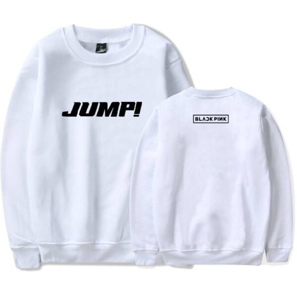Jumper sweatshirt with bold jump! text on front and BLACKPINK logo on back, perfect for budget-friendly high-quality merchandise.