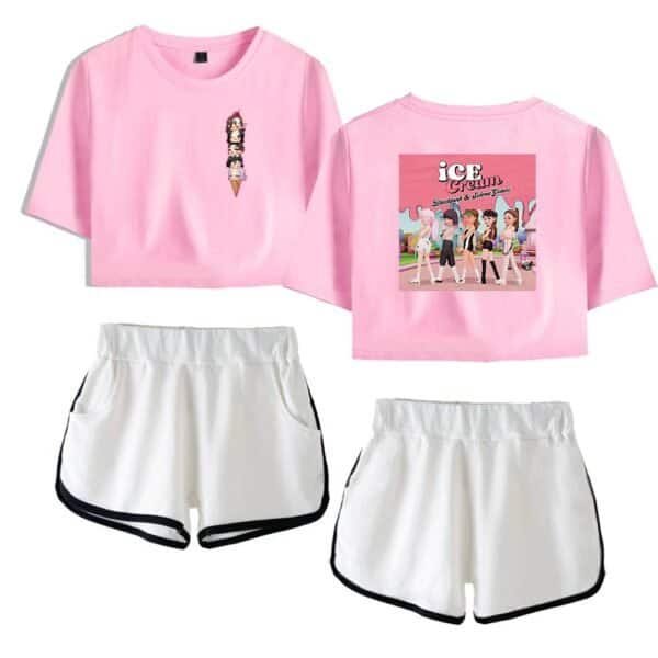Ice cream themed pink T-shirt with graphic print and white athletic shorts with black trim, casual fashion apparel set, inexpensive high-quality merchandise, trendy and fun clothing for kids.