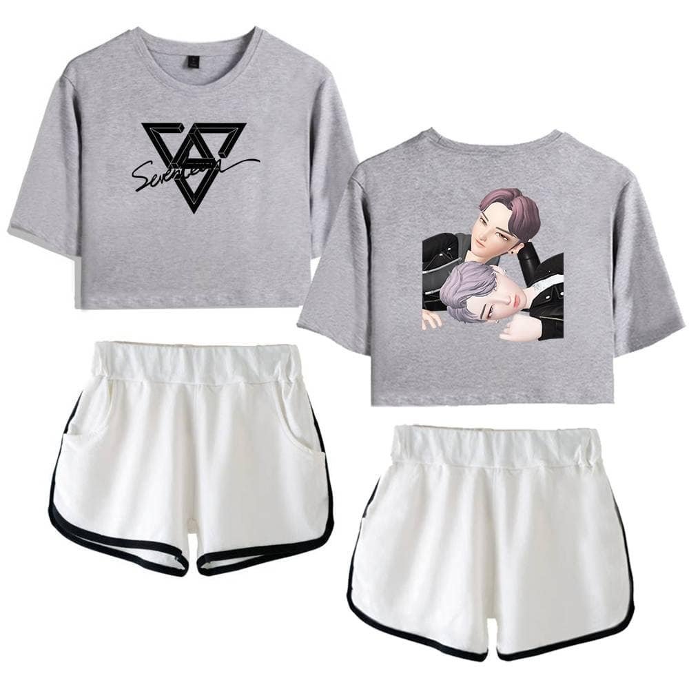Gray cropped sweatshirt with geometric logo and signature design; gray long-sleeve T-shirt with animated couple graphic; white athletic shorts with black trim; high-quality, affordable merchandise for fans and casual wear; trendy and budget-friendly fashion.