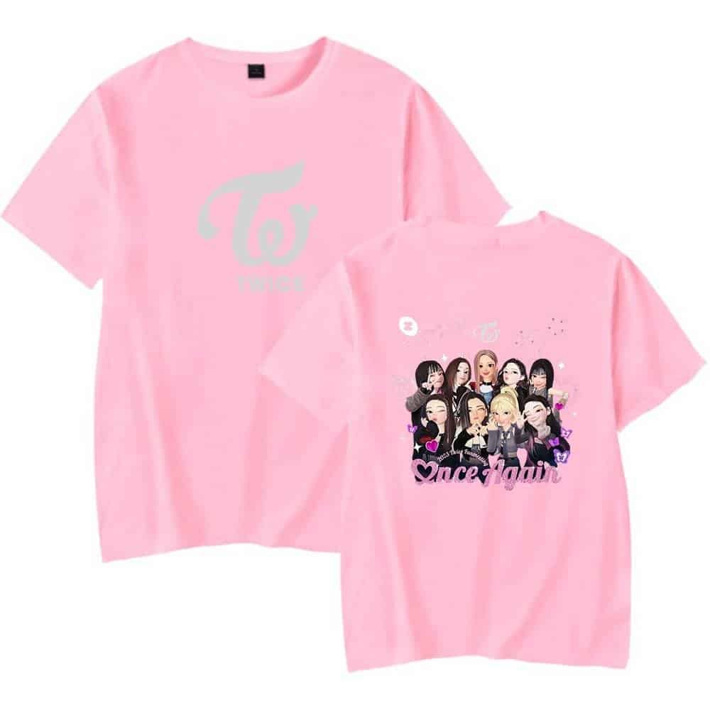 Teen girl group merchandise, pink graphic T-shirt, affordable high-quality apparel, trendy K-pop fashion, casual streetwear for teens.