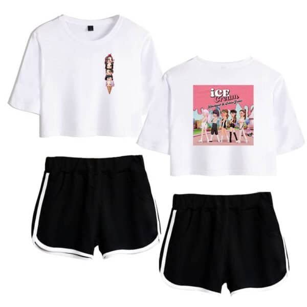 White cropped t-shirt with ice cream graphic and anime characters, black athletic shorts with white trim.