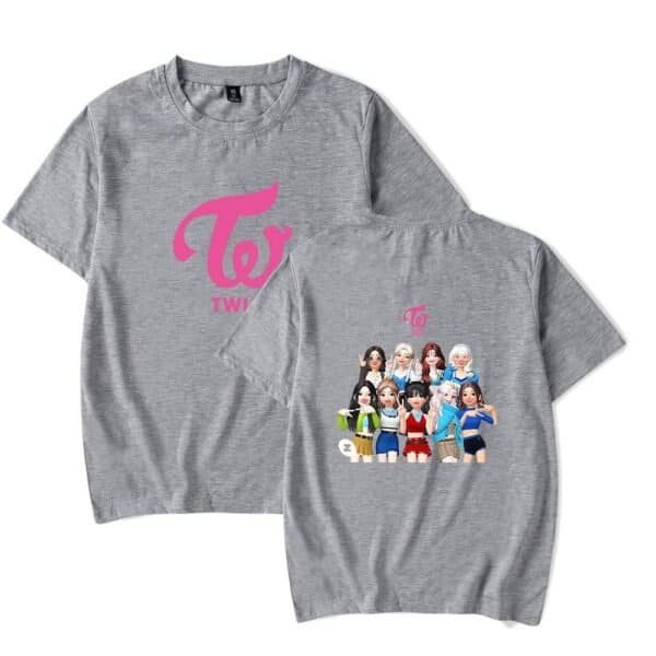 TWE high-quality gray t-shirt featuring a colorful graphic of animated female characters. Perfect for fans seeking stylish and affordable merchandise.