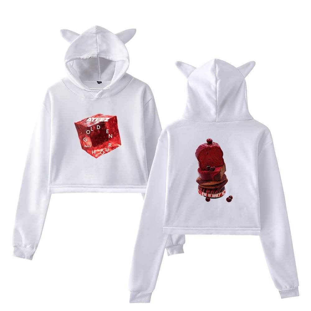 White hoodie with cute animal ears and red graphic print, cozy and stylish casual wear for all ages.
