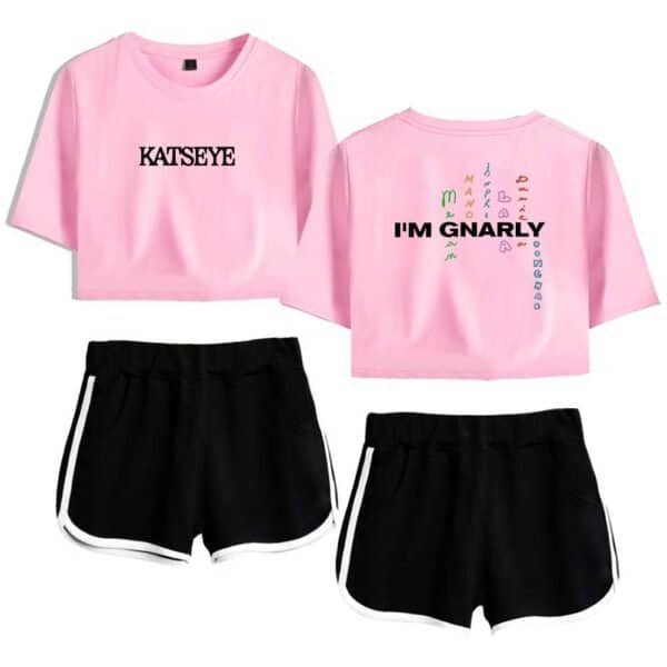 Neon pink cropped t-shirts with bold text design, paired with black athletic shorts; affordable, high-quality casual merch suitable for everyday wear and expressing unique style.