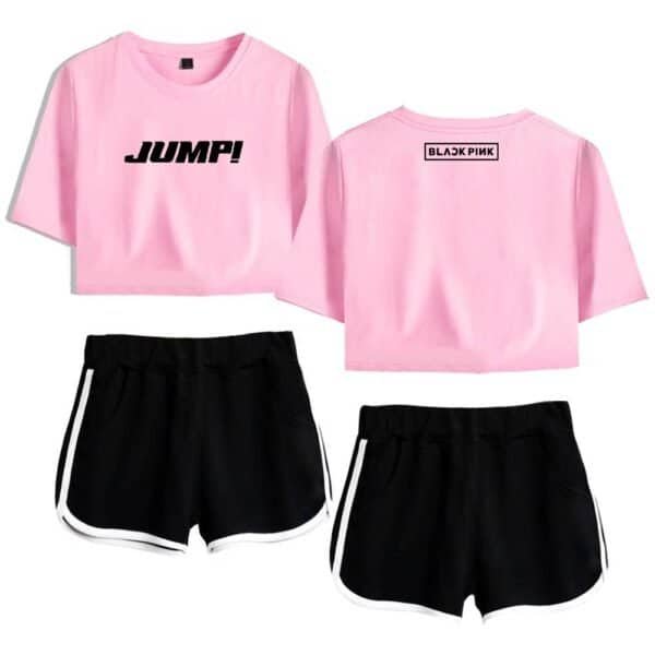 Jump pink graphic crop top and black athletic shorts with white trim, stylish and affordable merch set.