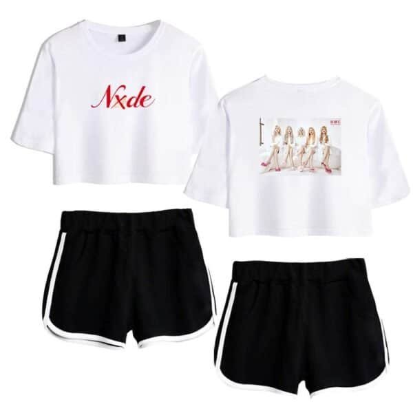 Nxde white crop tops with graphic and text, paired with black athletic shorts with white trim, perfect for affordable, high-quality casual and streetwear style.