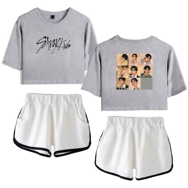 Gray cropped sweatshirt with "Stray Kids" logo and a fan art print on the back, paired with white athletic shorts with black trim. Stylish, comfy, and perfect for fans of K-pop.