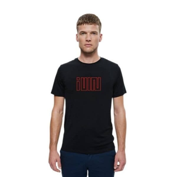 Iwu1n black t-shirt with red graphic design, high-quality and affordable merchandise for casual wear.