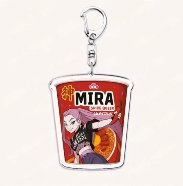 Merchandise keychain featuring a cartoon character with spicy ramen design.