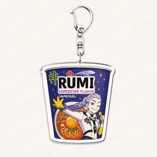 Ramen cup keychain with character illustration, vibrant design, and promotional text for merchandise.