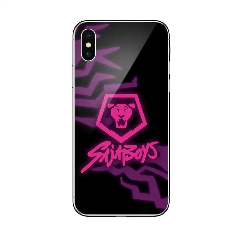 Neon pink lion logo with "Skymboys" text on a black background, phone case design.