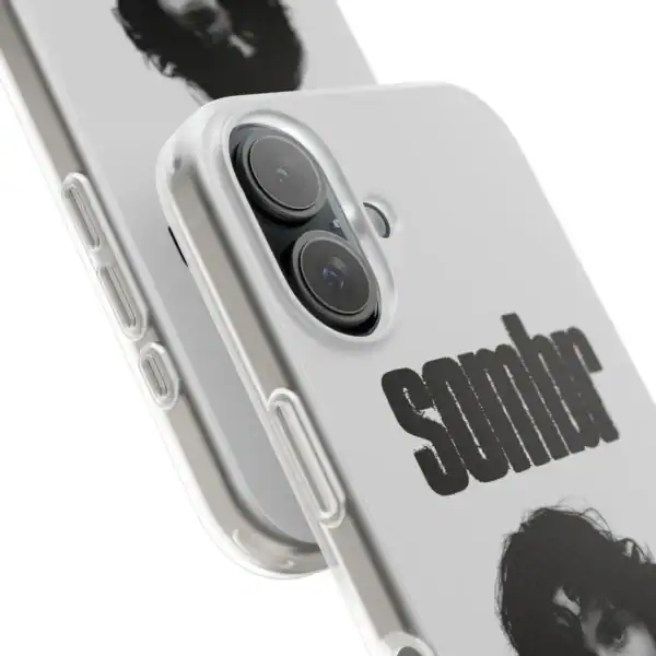 Stylish white phone case featuring a black graphic design and the bold text "SOMBRE" for a modern, trendy look. Perfect for high-quality and affordable merch.