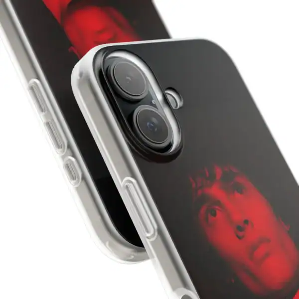 Black phone case with a printed image of a young person's surprised face, designed to be affordable and high quality.