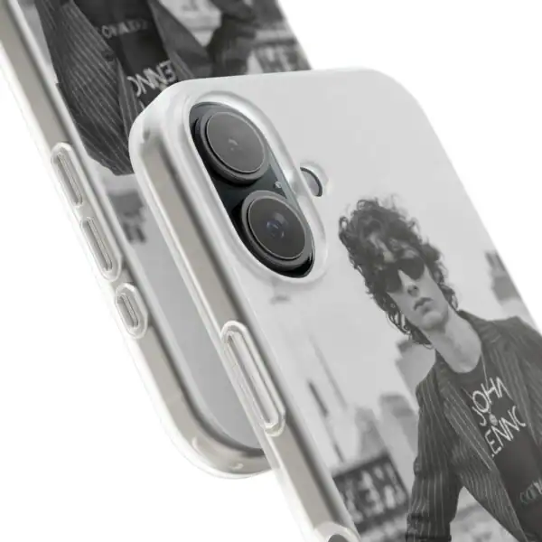 Custom printed phone case with a black and white photo of a person wearing sunglasses, showcasing affordable high-quality merchandise for personal style.