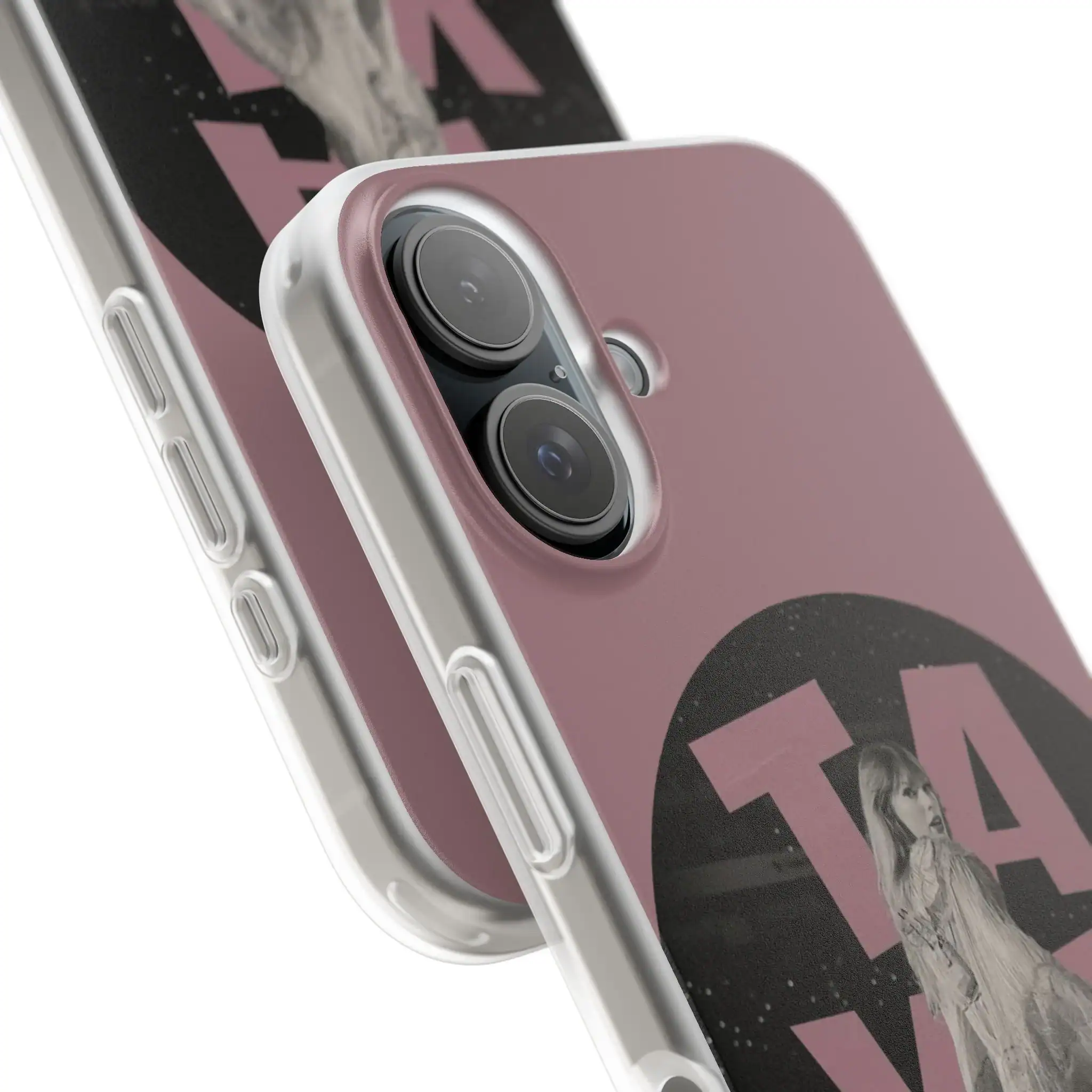 Stylish pink phone case with a black graphic design, featuring a woman and bold text, offering a durable and affordable high-quality merch option for phone accessories.