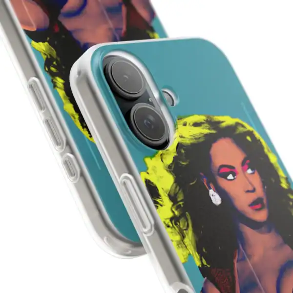 Blue phone case with a vibrant portrait design, compatible with iPhone models, featuring durable material for high quality protection.