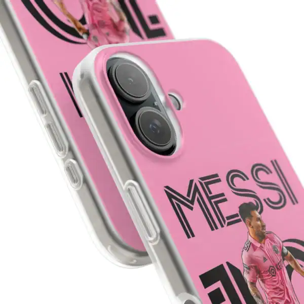 Pink phone case with a sports-themed design featuring a soccer player and the word "MESSI" in bold letters, perfect for cheap high-quality merchandise.