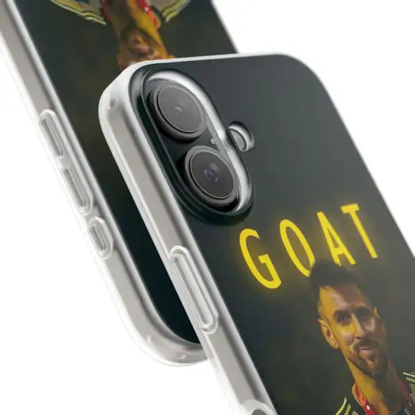 Iphone case with "GOAT" text and a photo of football player, high-quality phone accessory, durable design, affordable price, and stylish appearance for sports fans.