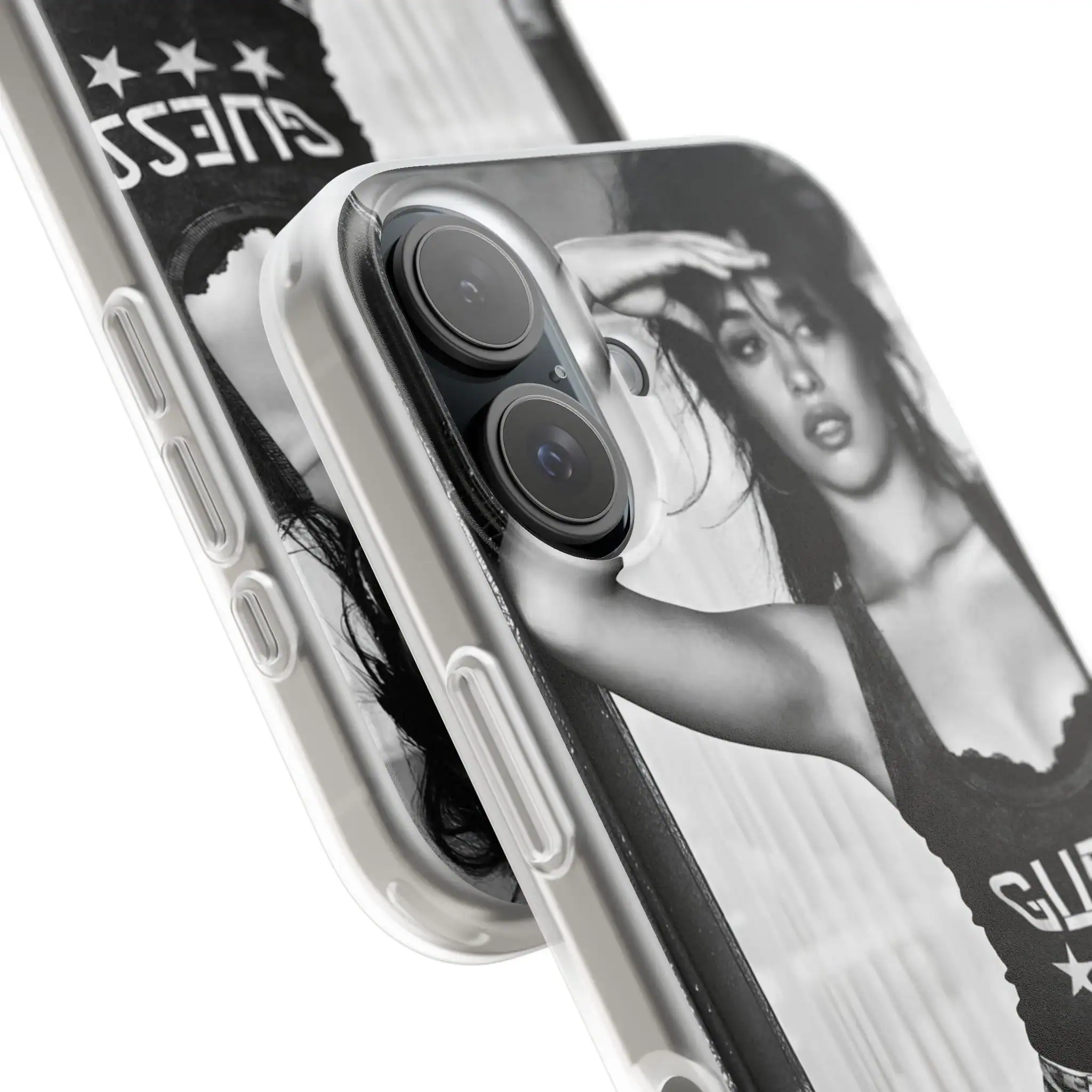 Photo of a smartphone with a custom black and white graphic design phone case featuring a woman with messy hair and bold makeup, showcasing affordable high-quality merchandise with trendy artwork.