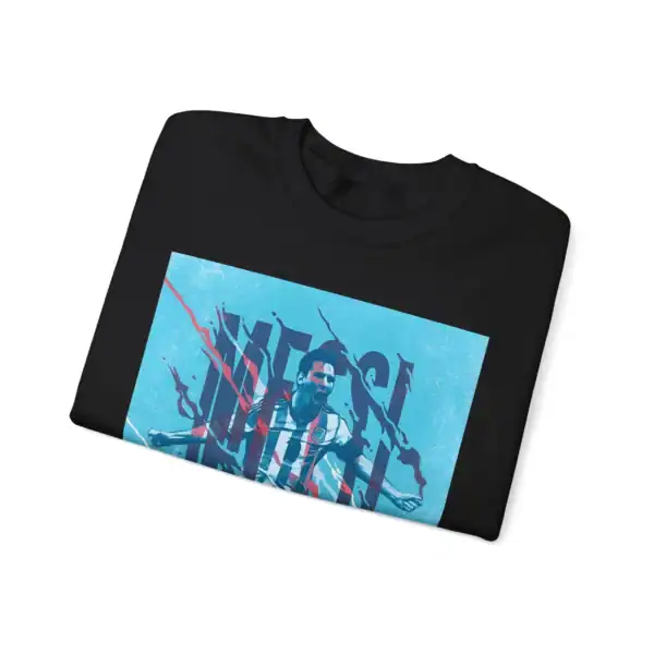 New black graphic T-shirt featuring Messi celebrating a goal with distressed blue and red graphic design, perfect for trendy, affordable sports merchandise enthusiasts.