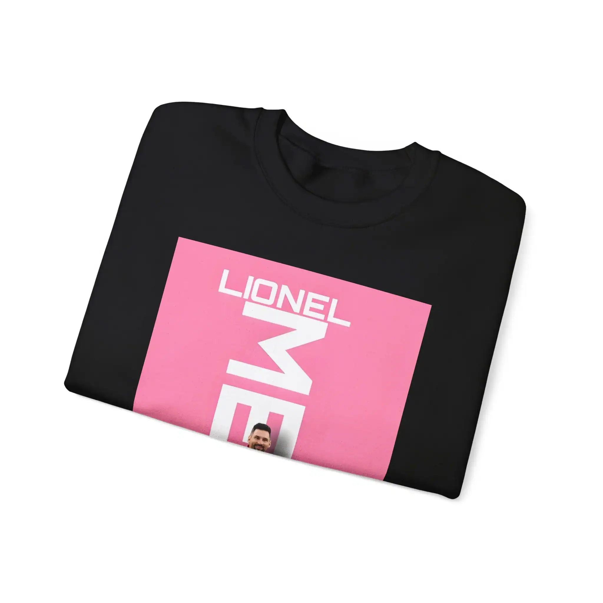 High-quality black T-shirt with a pink graphic print featuring the words "LIONEL MEYER" and a small photo of a smiling man, offering affordable and stylish merchandise for fans.