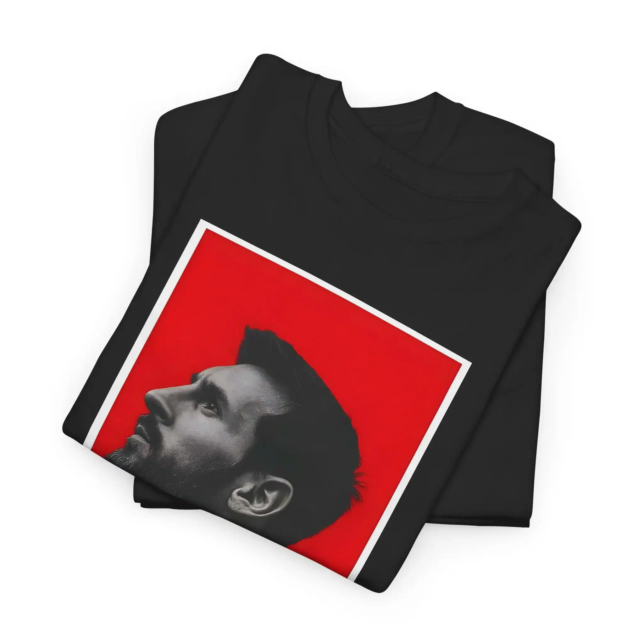 Black graphic t-shirt with a high-quality print of a man's profile against a bold red background, offering cheap, affordable, and stylish merch options.