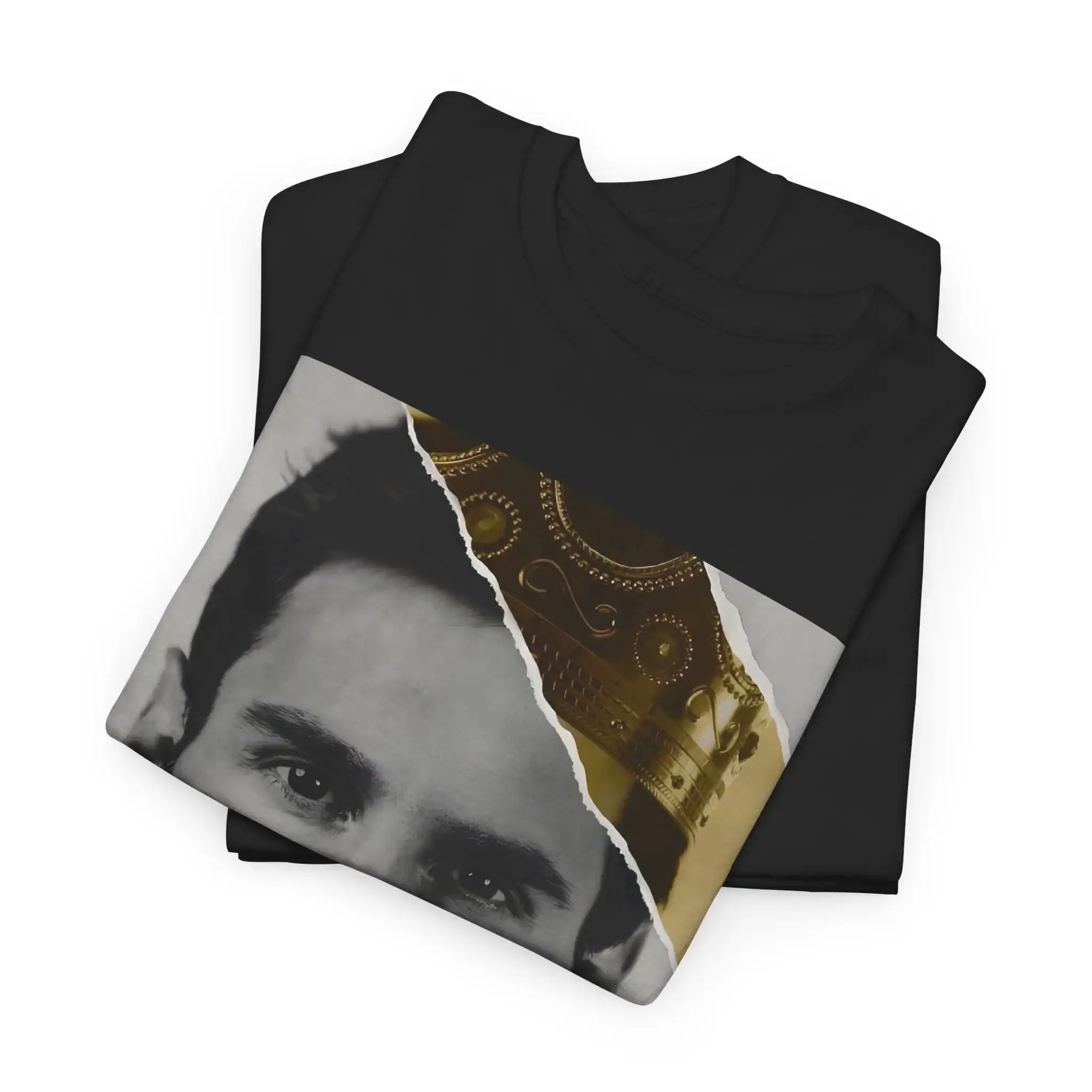 High-quality black T-shirt with a stylish graphic print, perfect for budget-friendly merch. Durable and comfortable, ideal for fans or casual wear at an affordable price.