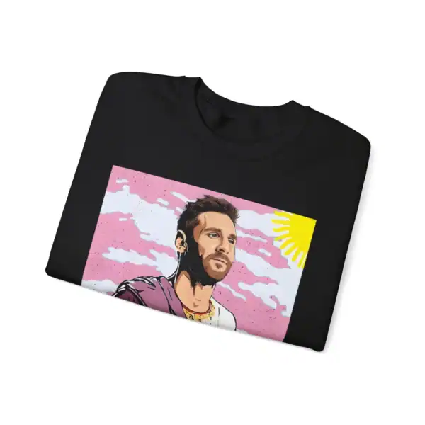 High-quality black t-shirt featuring a vibrant, artistic portrait of a man with a pink sky and sun graphic, perfect for affordable, stylish merch.