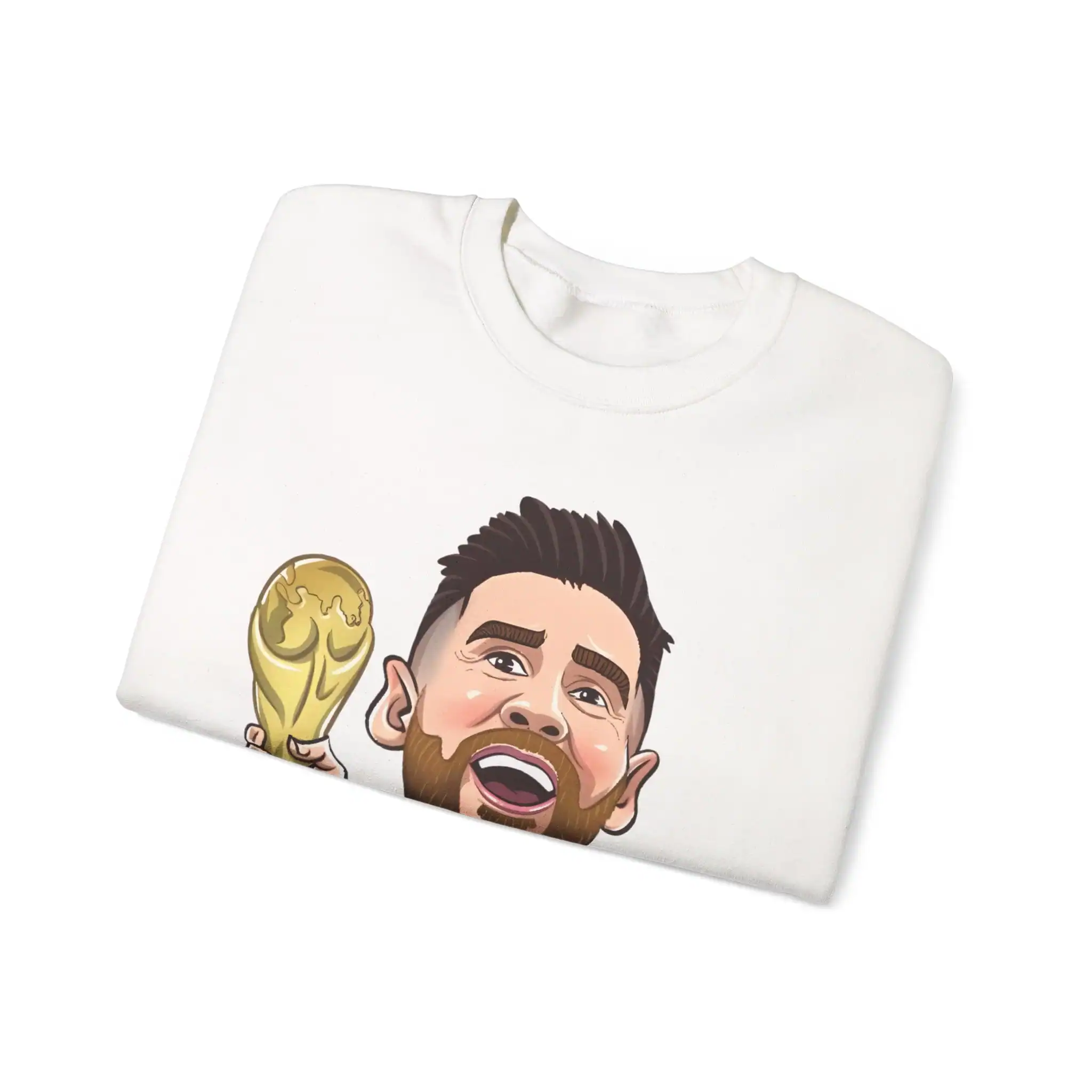Emoji soccer fan sweatshirt with a caricature of a man holding a trophy, perfect for fans seeking affordable and high-quality merchandise.