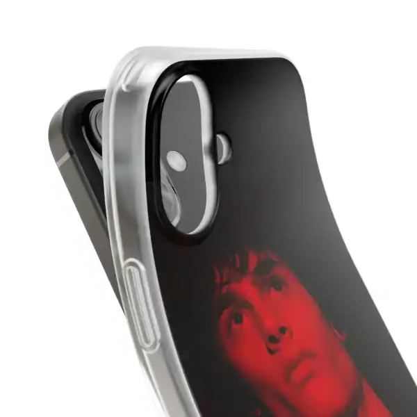 Wireless phone case with high-quality printed graphic of a young man's face, designed for affordability and durability.