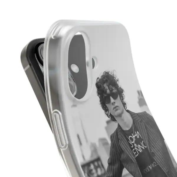 Custom printed phone case with a stylish black-and-white photo of a young man wearing sunglasses and a striped blazer, perfect for affordable, high-quality merchandise.