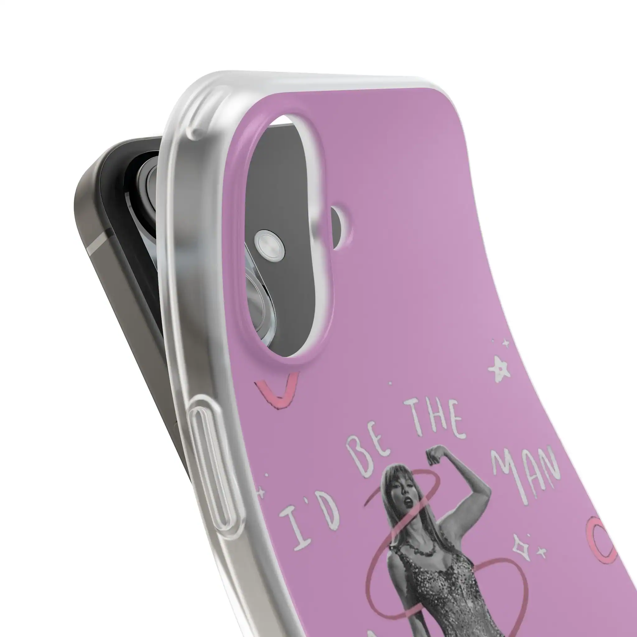 Beach high quality merch, pastel purple phone case with a graphic of a woman and inspirational text, fun and affordable accessories, perfect for fans seeking cheap high-quality merchandise, trendy and stylish design, catchy slogan "I'd be the man" with decorative elements, made with durable materials, ideal for gifting or personal use.