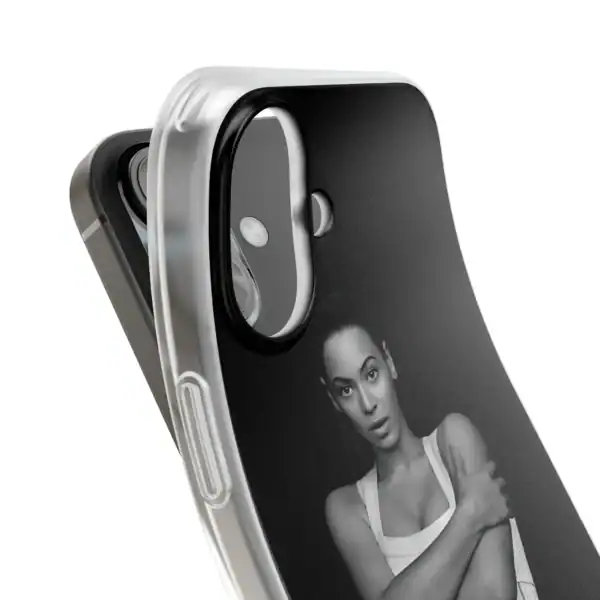 Silicone phone case with a monochrome portrait design, slim fit for iPhone, affordable and high quality durable mobile accessory, suitable for personalized gifts or style enhancement.