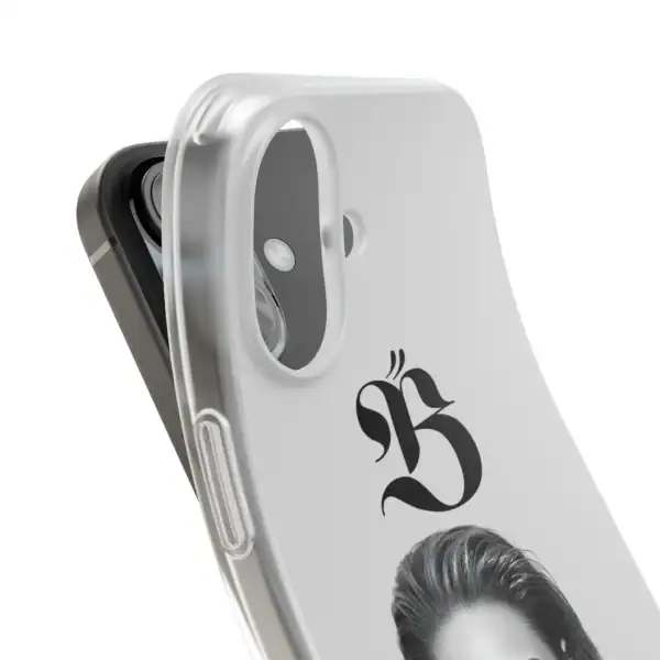 Stylish phone case with a custom black letter "B" and grayscale photo design, made from durable material, affordable and high-quality for everyday use.