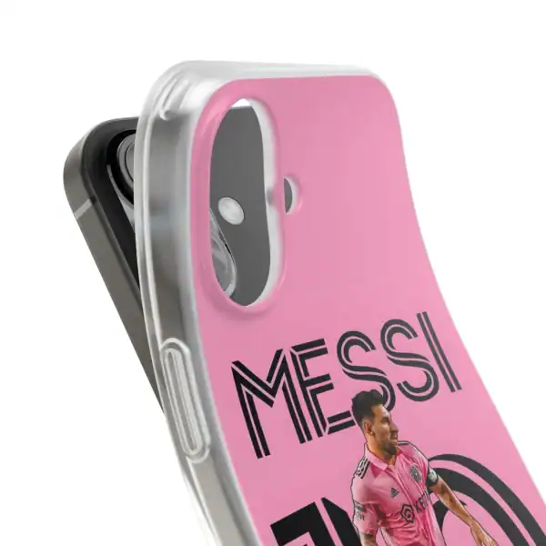 Bright pink phone case with a custom Messi graphic, designed for stylish soccer fans seeking inexpensive, high-quality merchandise. Perfect for showcasing team pride with a fun, vibrant look.