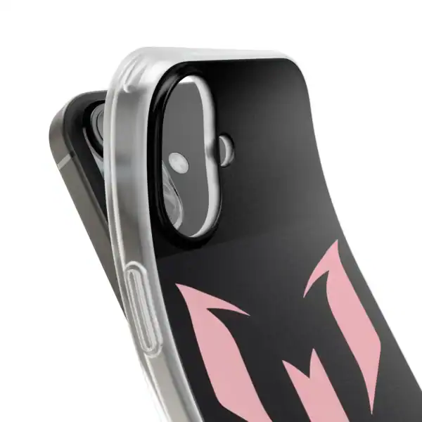 Front view of a smartphone with a custom black phone case featuring pink stylized devil horns design, high-quality and affordable merch, perfect for fans looking for cheap yet stylish accessories.