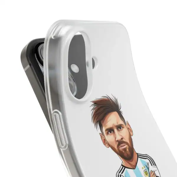 Aesthetic phone case featuring a cartoon-style illustration of Lionel Messi wearing Argentina national team jersey. Durable, fashionable, and affordable high-quality merch for sports fans.