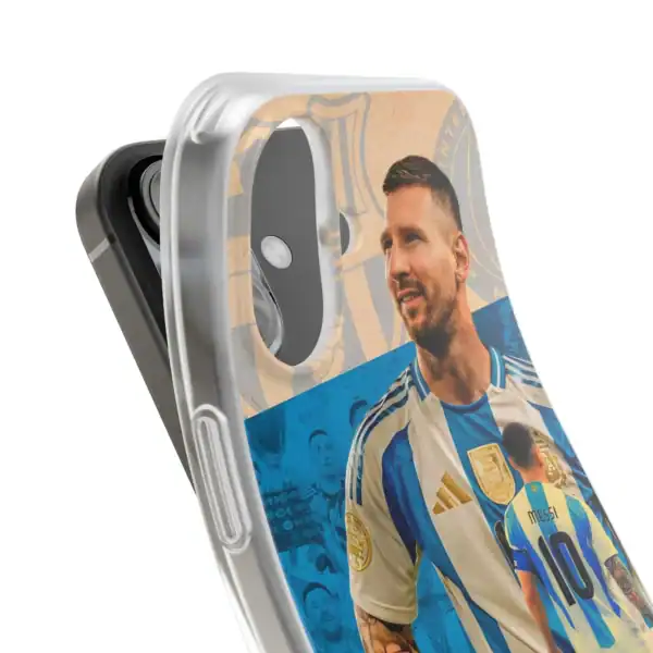 Premium quality custom phone case featuring Lionel Messi in his Argentine national team jersey, perfect for sports fans. Affordable, high-quality merchandise with vibrant printing and durable materials.
