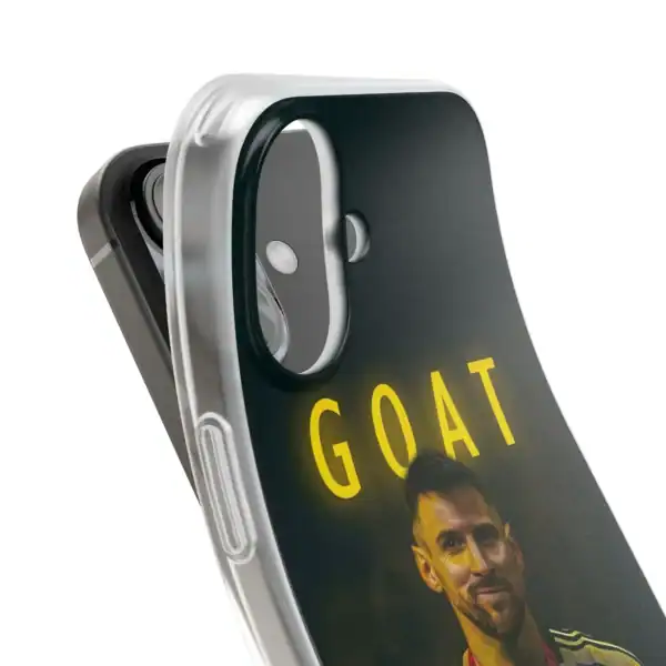 Photo of a smartphone case with a custom printed design featuring a man and the word "GOAT" in bold yellow letters, promoting affordable, high-quality merchandise.