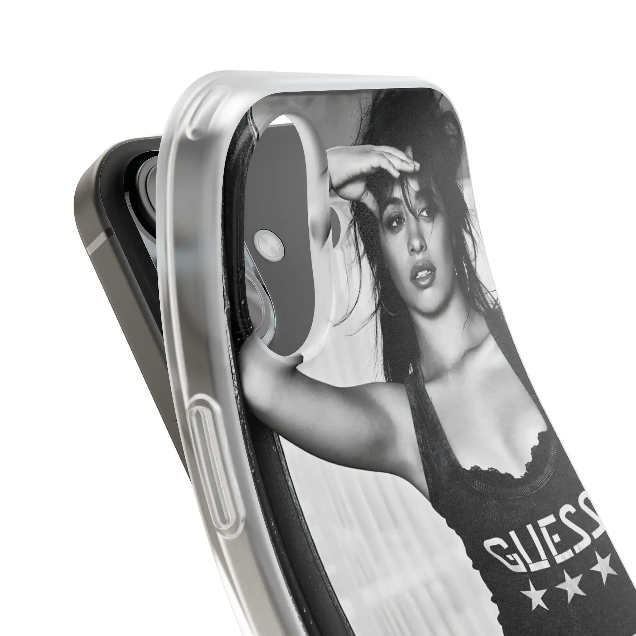 High-quality phone case featuring a stylish black and white photo of a woman with tousled hair wearing a Guess tank top, offering an affordable and trendy option for phone protection.