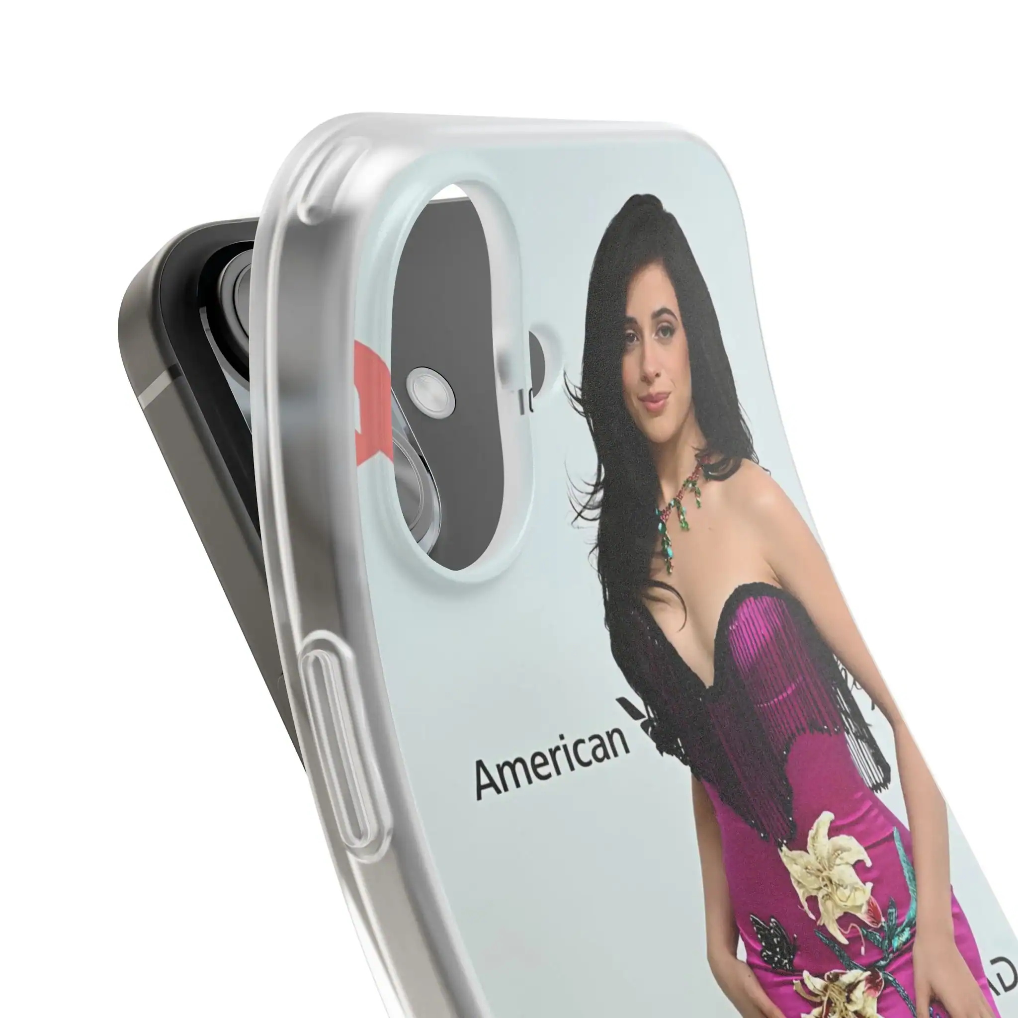 White phone case with a custom image of a woman in a pink dress and the text "American" printed on it.