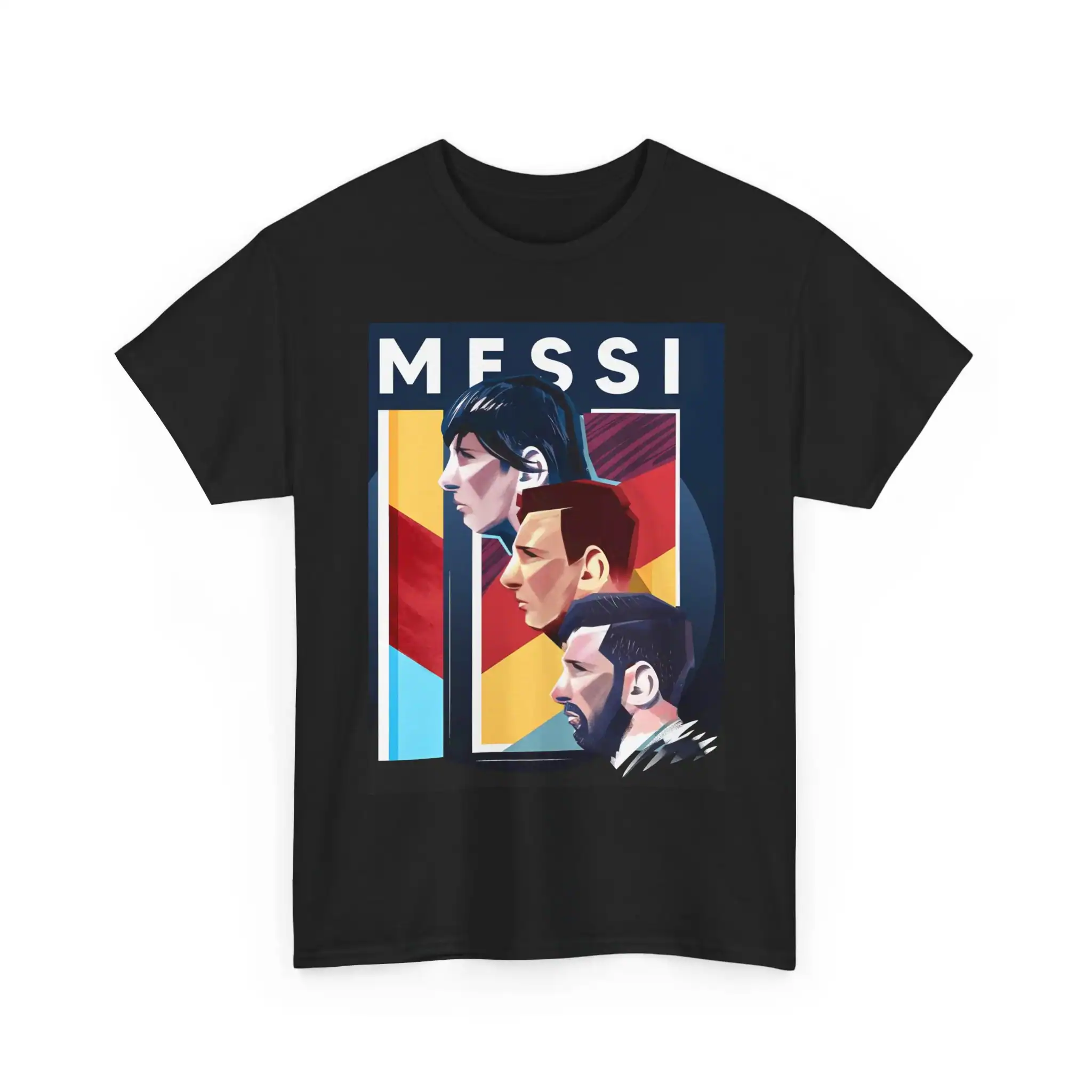 Messi graphic t-shirt featuring stylized portraits of famous football players, vibrant colors, affordable price, high-quality soft fabric. Perfect for sports fans and casual wear.