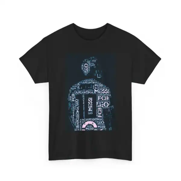 Argentina soccer jersey black graphic t-shirt with team name and player silhouette, affordable high-quality merchandise, casual style, perfect for soccer fans and sports enthusiasts.