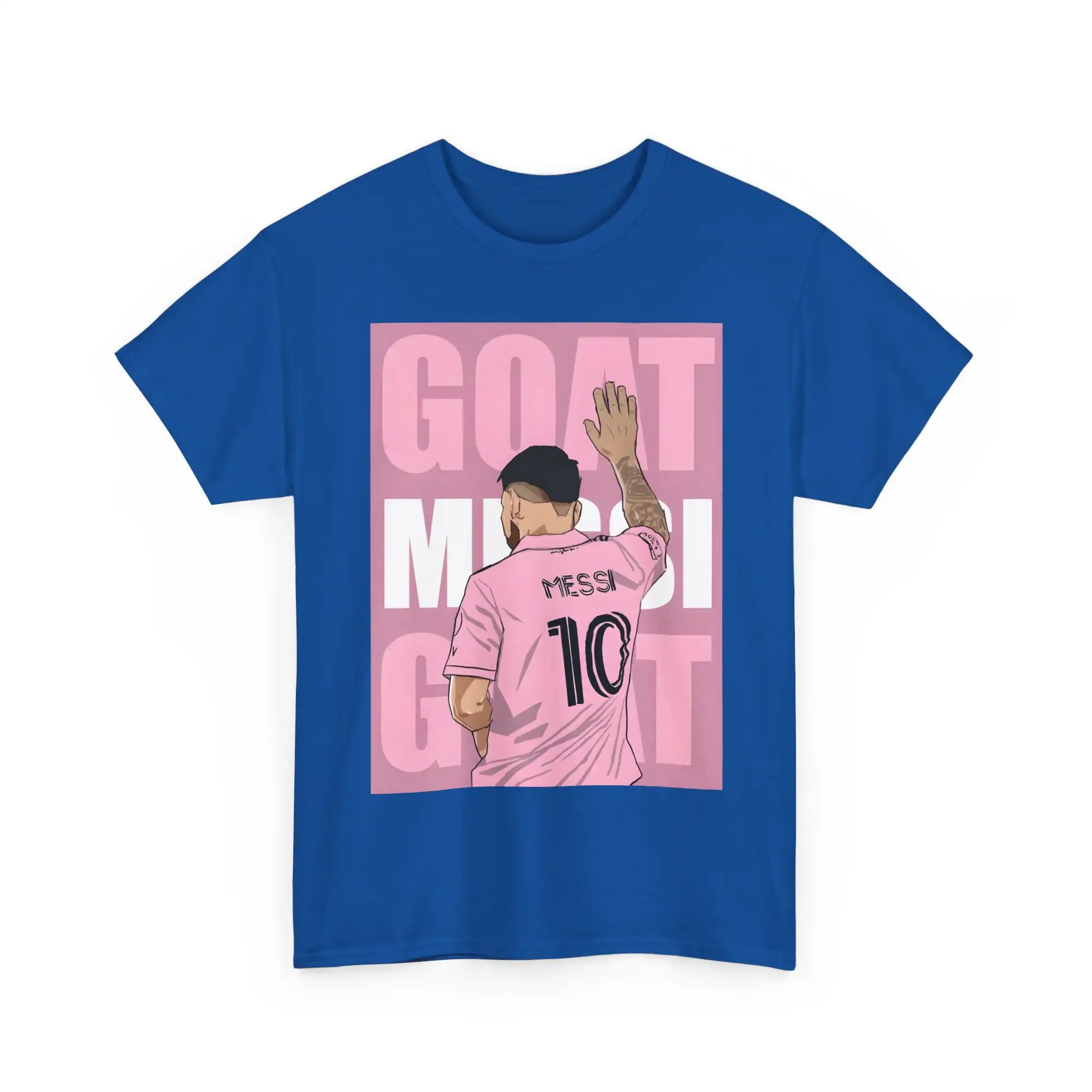 Goat high quality merchandise T-shirt featuring Messi wearing a pink jersey with the number 10, perfect for soccer fans.