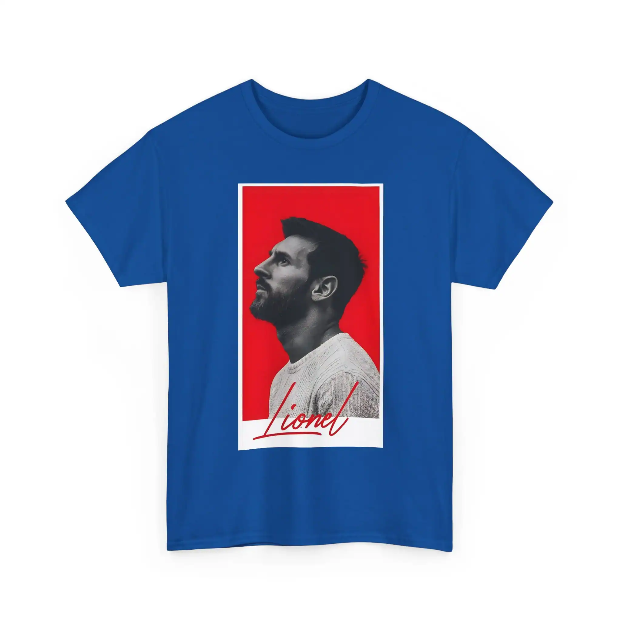Lionel Messi graphic t-shirt in blue with a stylish portrait design, perfect for sports fans and casual wear. Affordable, high-quality merchandise for passionate supporters.
