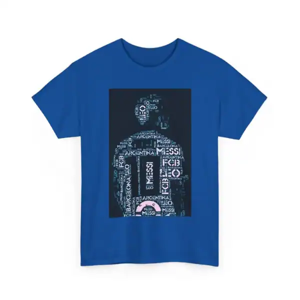 High quality blue T-shirt with Lionel Messi graphic design. Affordable and trendy merchandise for soccer fans. Perfect for casual wear or sports events.