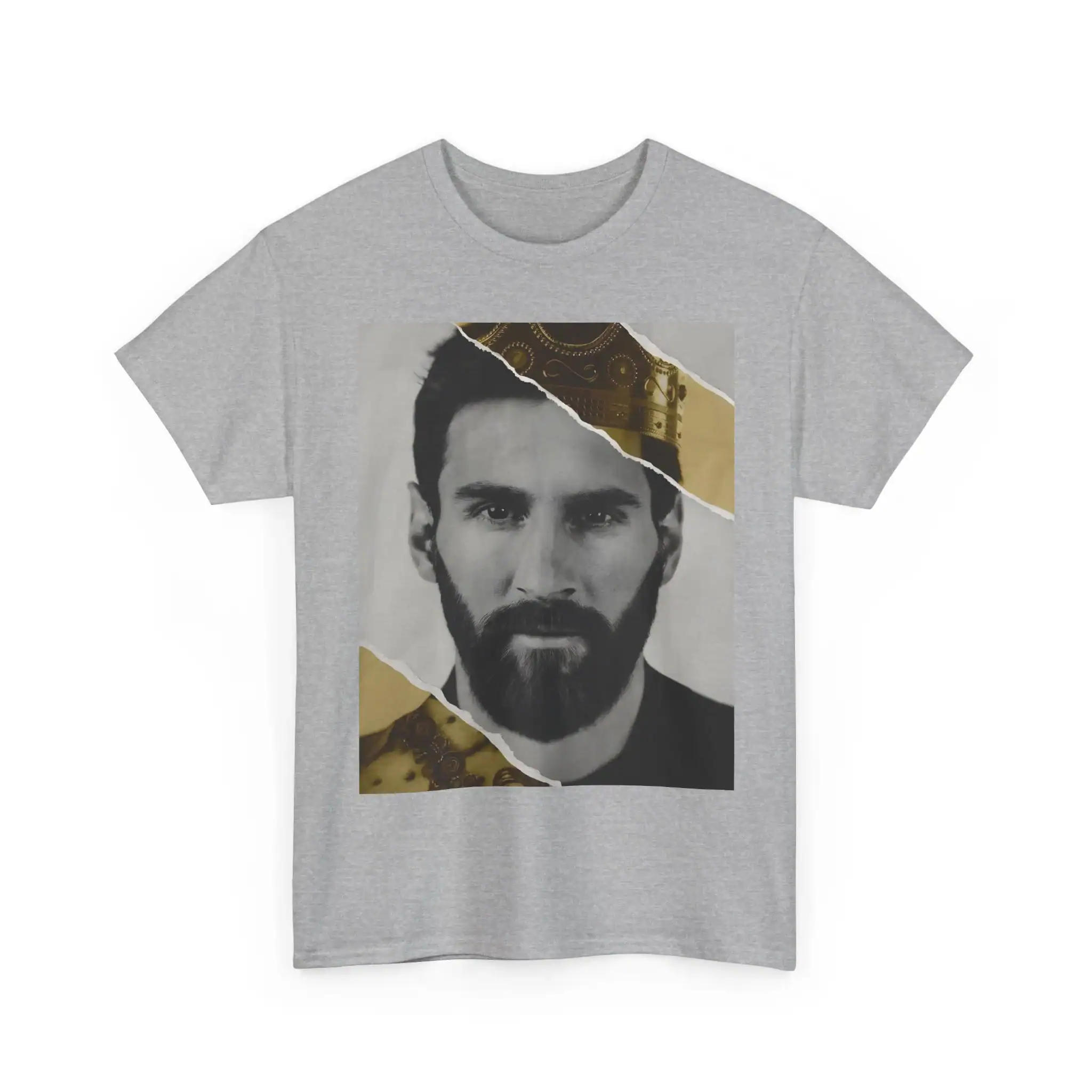 High-quality gray T-shirt featuring a modern, artistic black-and-white portrait with gold accents, perfect for affordable designer-inspired merchandise.