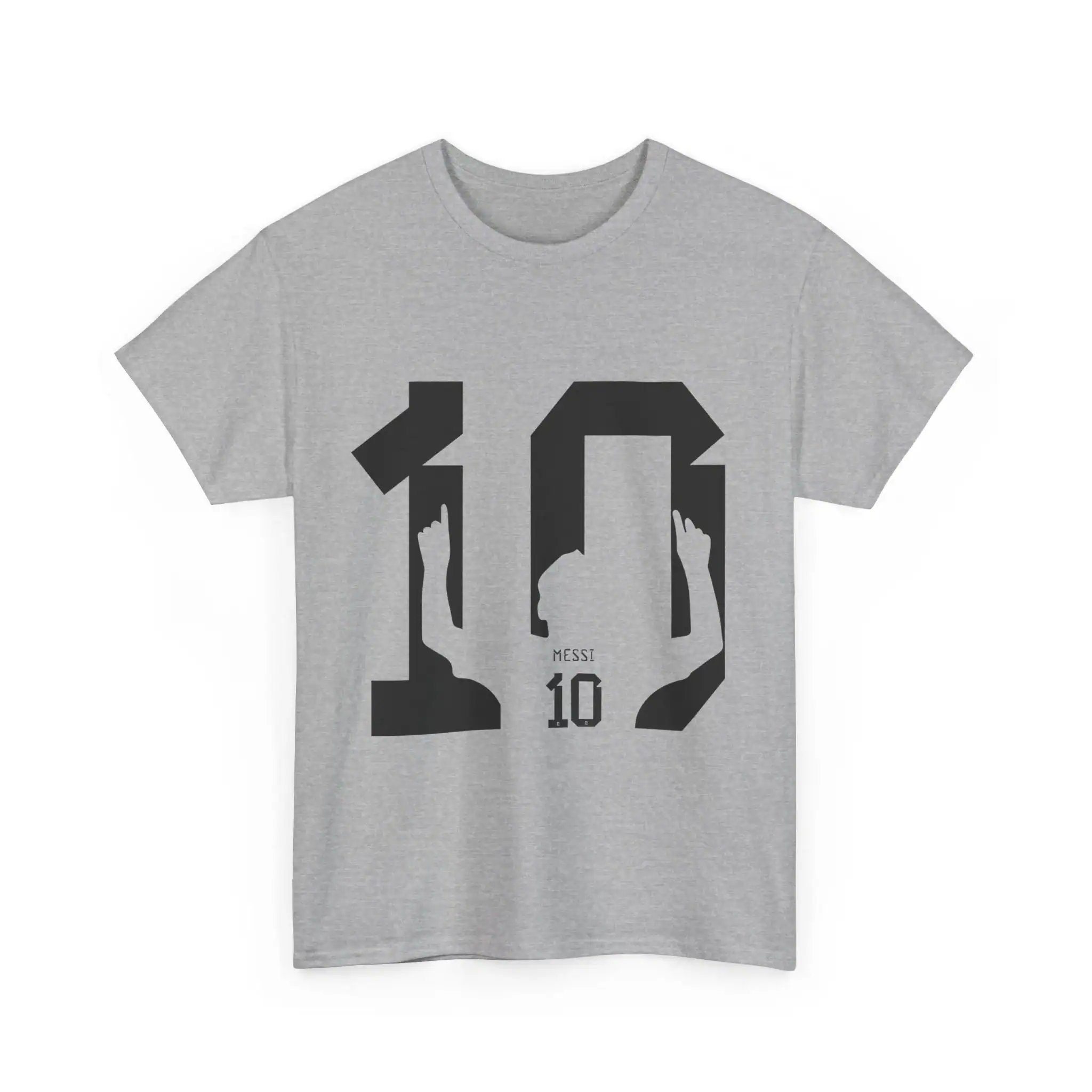 10 Messi gray t-shirt with large number 10 and dynamic design for cheap high-quality merch. Perfect for sports fans or casual wear. Soft fabric and affordable price.